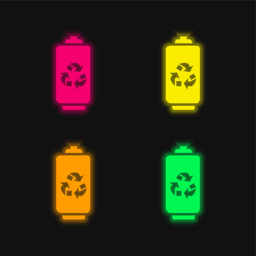 Batteria con simbolo riciclo icona vettoriale al neon incandescente a quattro colori - Vettoriali, immagini