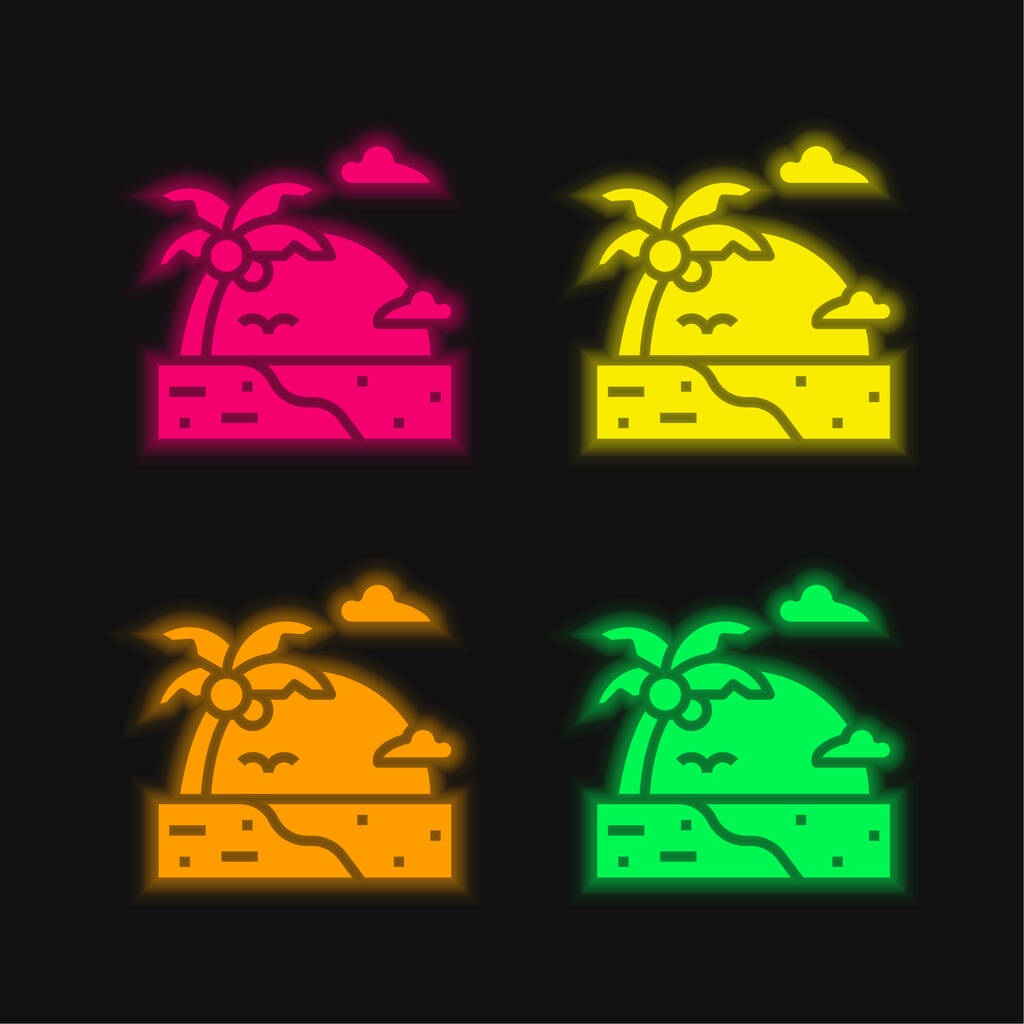 Plaj dört renk parlayan neon vektör simgesi - Vektör, Görsel