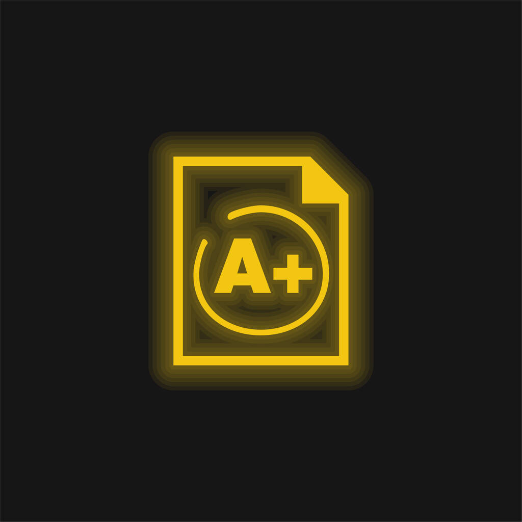 A Plus Best Test Result yellow glowing neon icon - Vector, Image