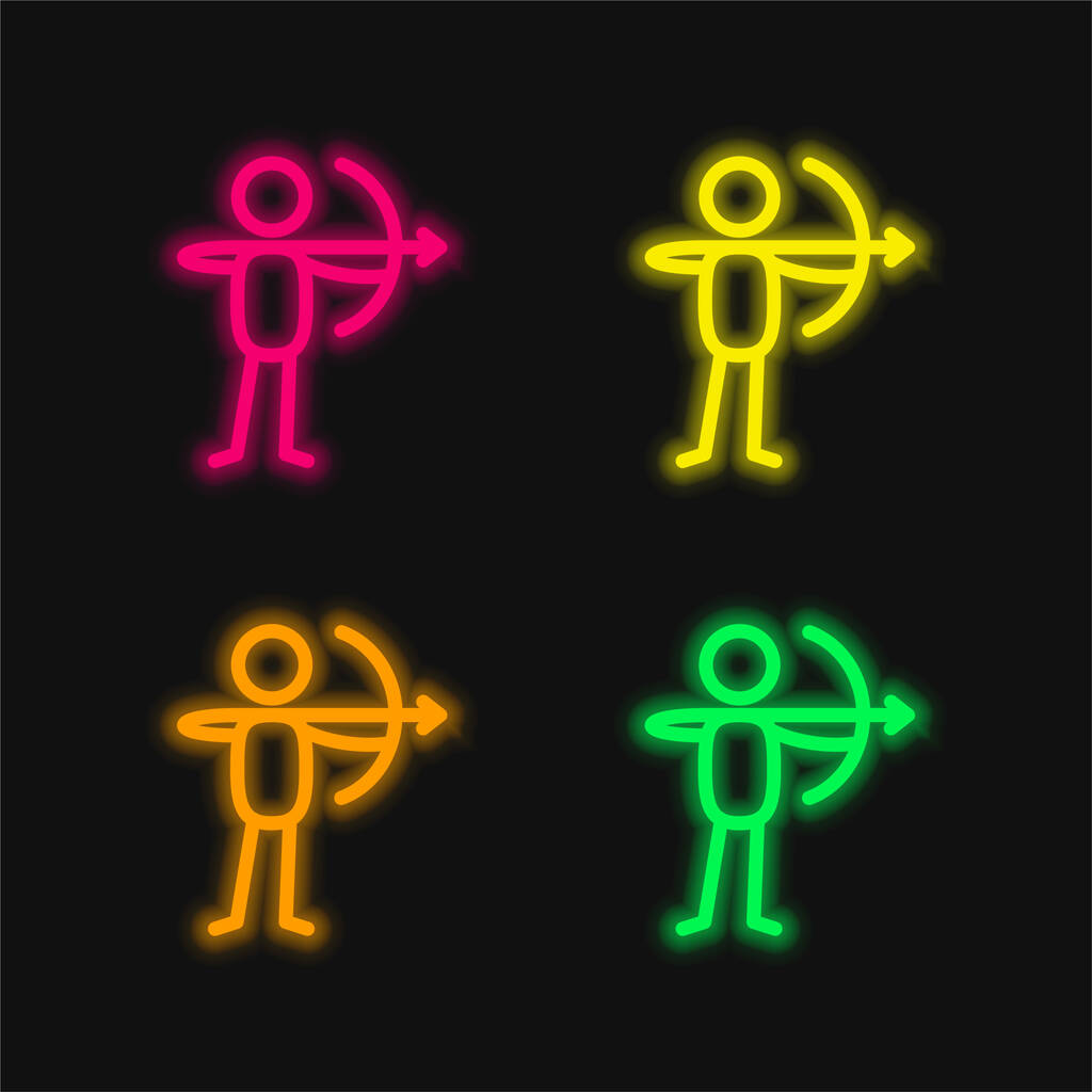 Archer con arco de cuatro colores brillante icono de vectores de neón - Vector, imagen