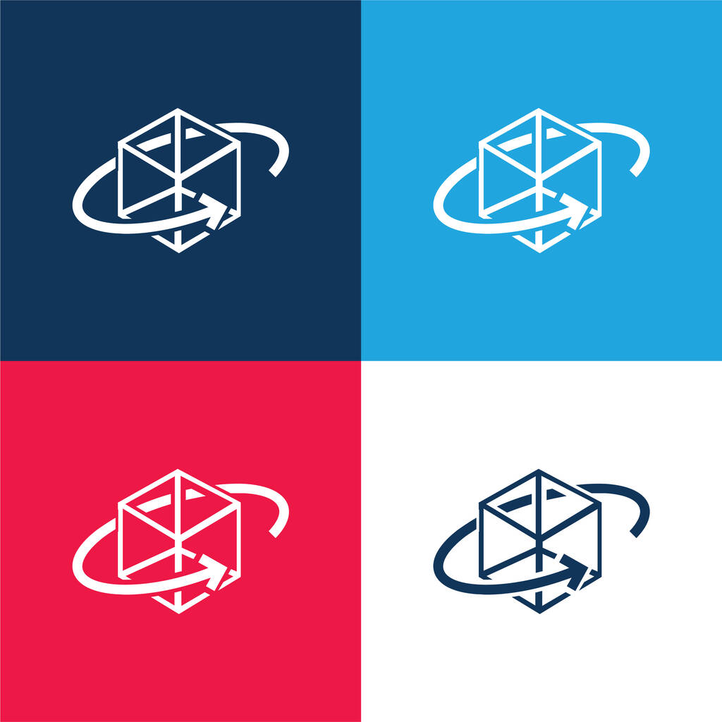 3d stampato cubo con freccia circolare intorno blu e rosso quattro set icona minimale colore - Vettoriali, immagini