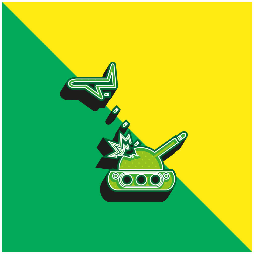 Letadlo házet bomby na válečnou nádrž Zelené a žluté moderní 3D vektorové logo - Vektor, obrázek