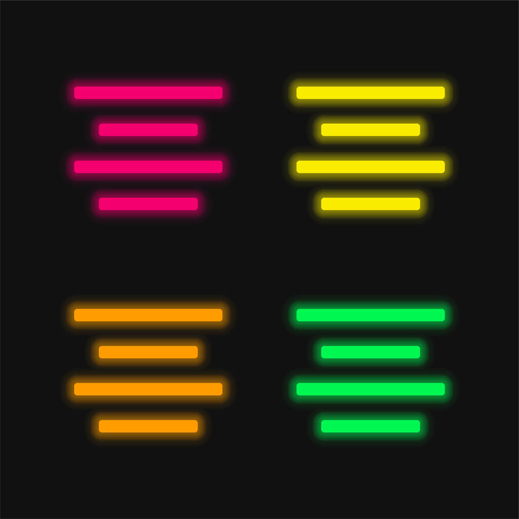 Uitlijnen Center vier kleuren gloeiende neon vector pictogram - Vector, afbeelding