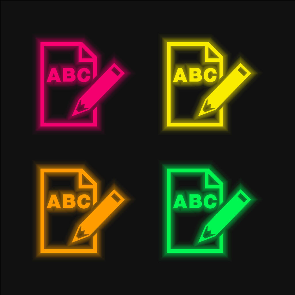 Lettere ABC su foglio di carta con un simbolo di interfaccia a matita icona vettoriale al neon incandescente a quattro colori - Vettoriali, immagini
