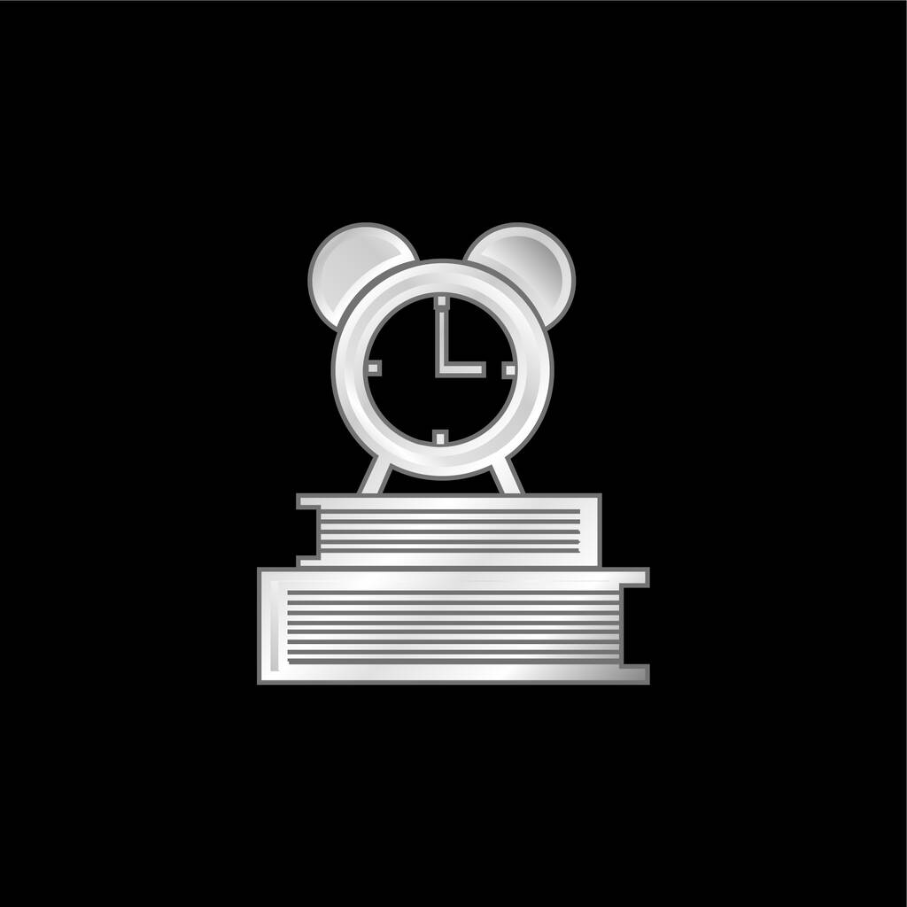 Libros Y Reloj Con Alarma plateado icono metálico - Vector, imagen