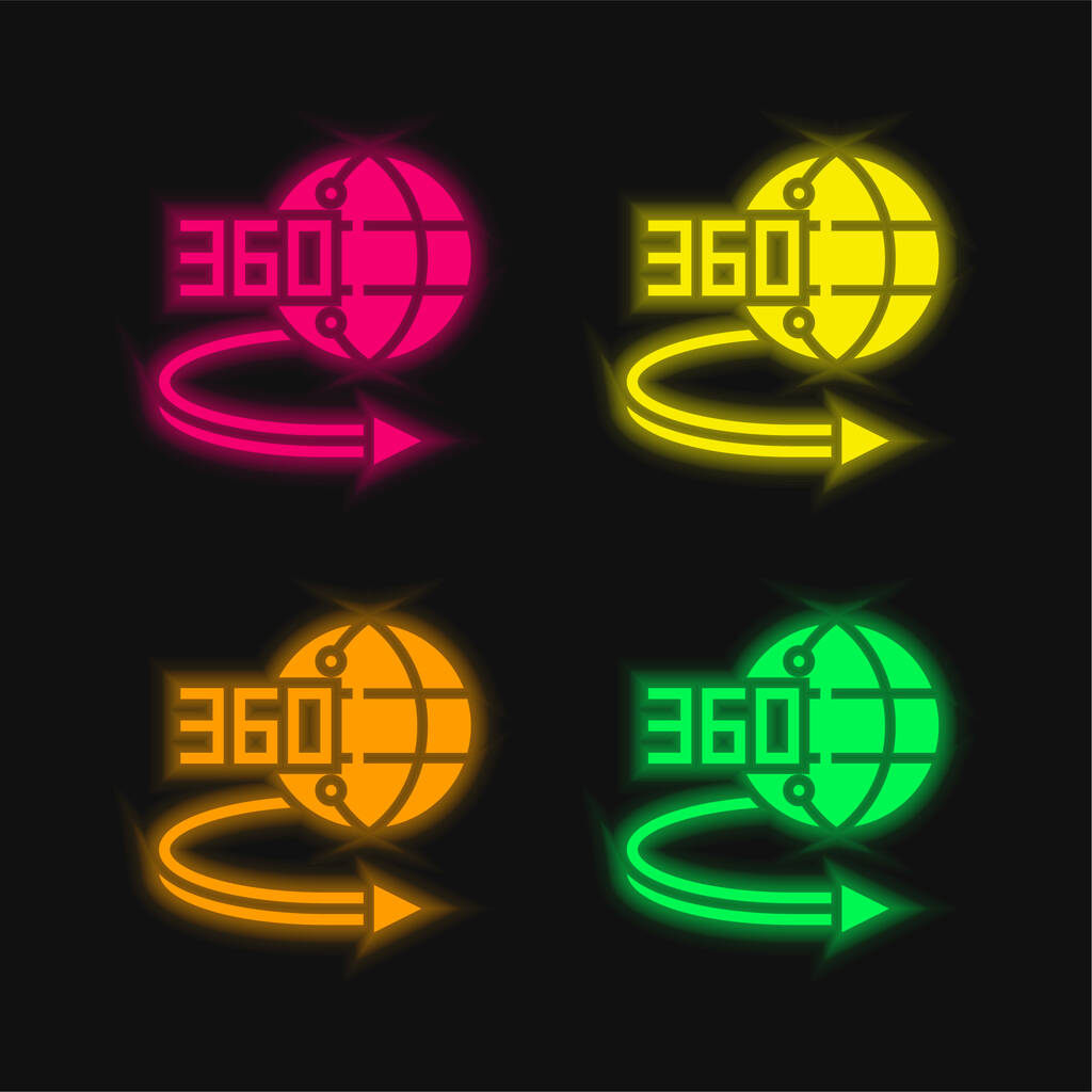 360 Grado cuatro color brillante icono de vectores de neón - Vector, Imagen
