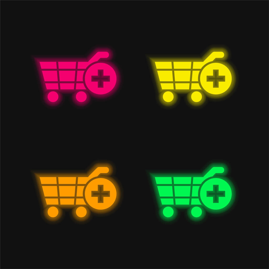 Añadir al carro de la compra E Commerce Symbol icono de vector de neón brillante de cuatro colores - Vector, imagen