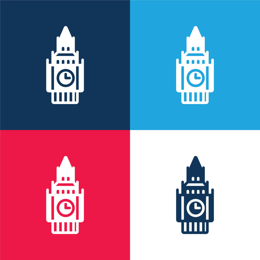 Big Ben blauw en rood vier kleuren minimale pictogram set - Vector, afbeelding