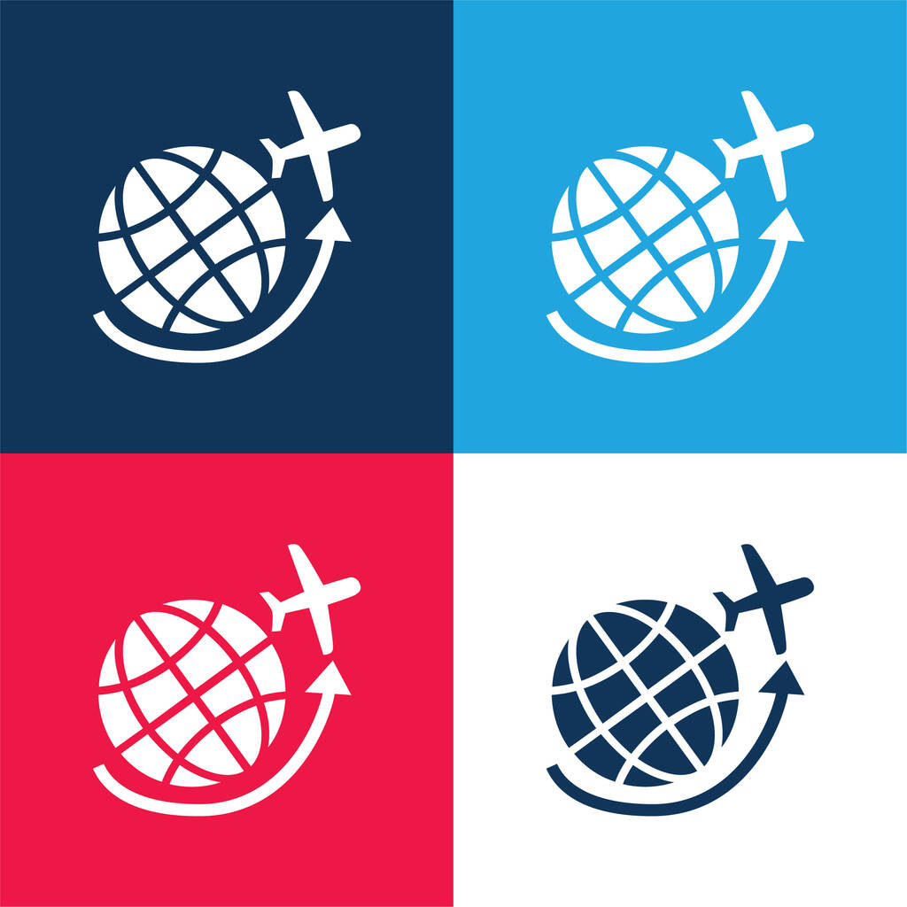Airplane Flying Around Earth Grid blue and red four color minimal icon set - Vector, Image