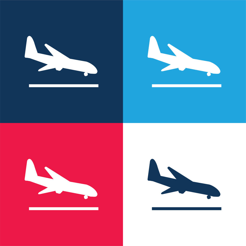 Αεροπλάνο Προσγείωση μπλε και κόκκινο τεσσάρων χρωμάτων ελάχιστο σύνολο εικονιδίων - Διάνυσμα, εικόνα