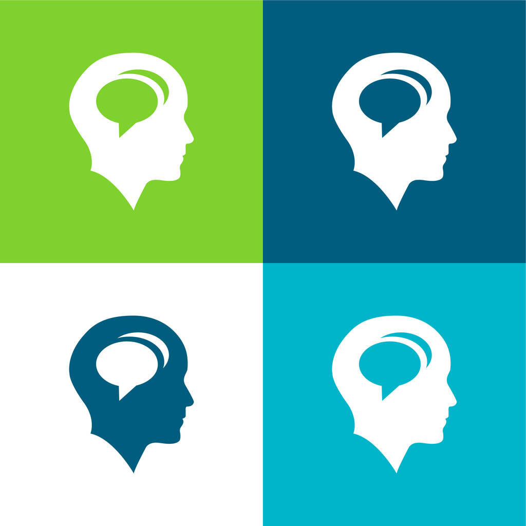 Φαλακρό κεφάλι με φυσαλίδες συνομιλίας μέσα επίπεδη τέσσερις χρώμα ελάχιστο σύνολο εικονιδίων - Διάνυσμα, εικόνα