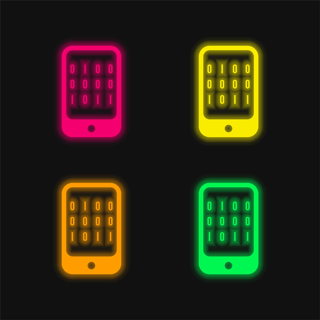Datos binarios de una computadora de cuatro colores brillante icono de vectores de neón - Vector, imagen