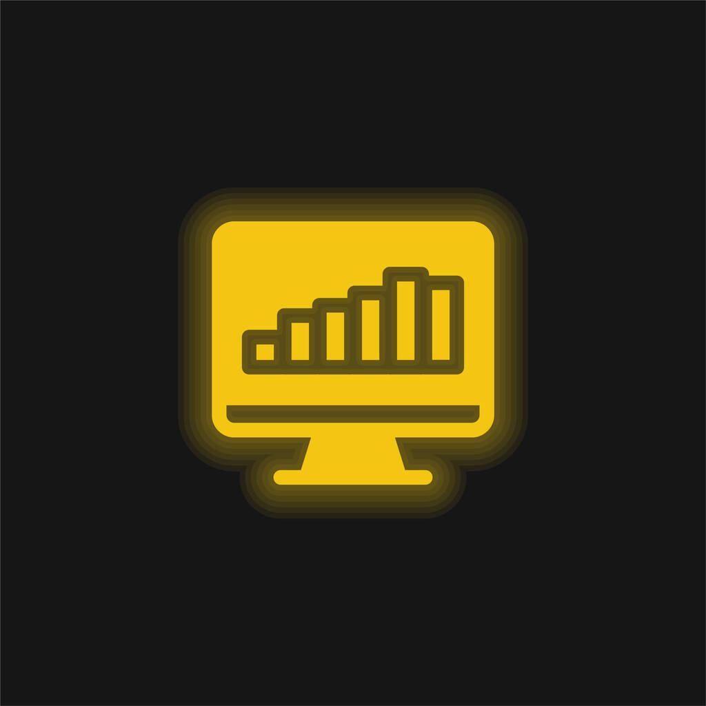 Gráfico de barras en la pantalla amarillo brillante icono de neón - Vector, Imagen