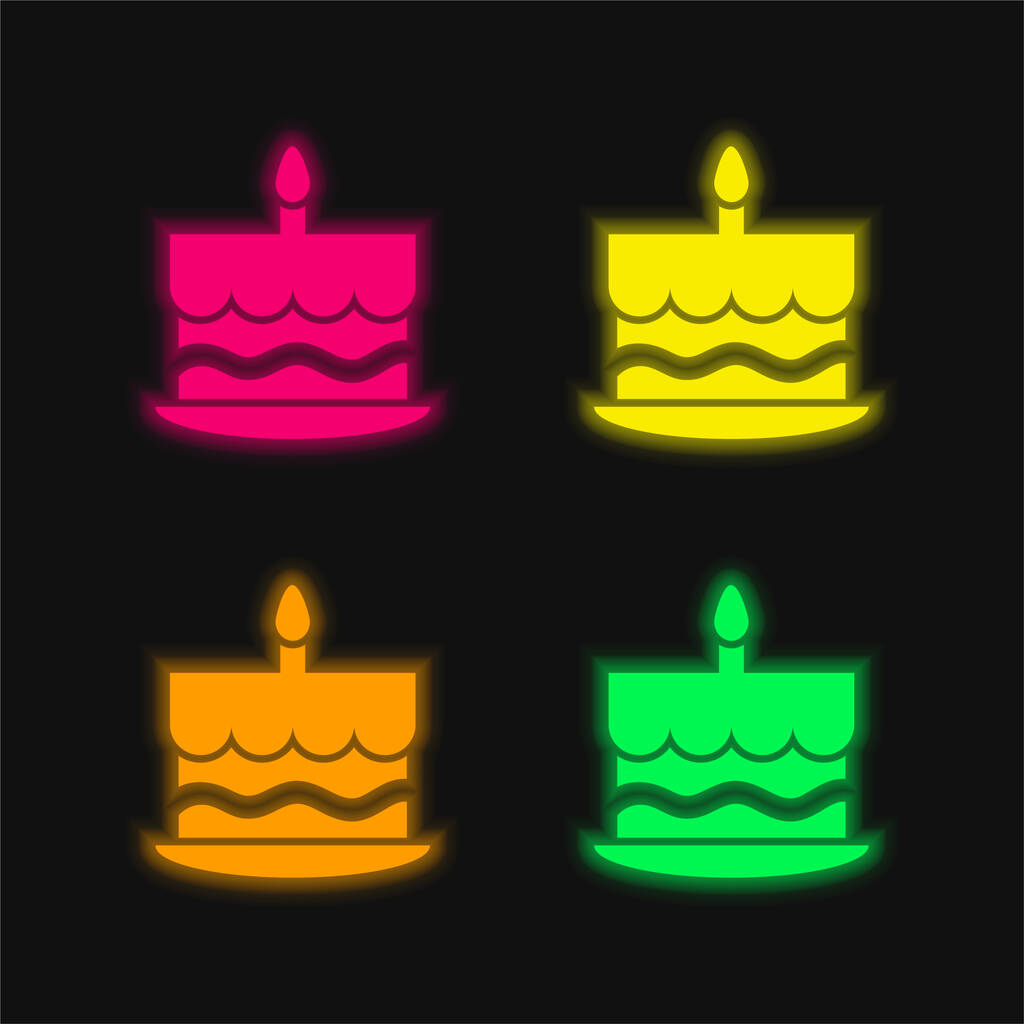 Tarta de cumpleaños con una vela ardiente en la parte superior cuatro color brillante icono de vectores de neón - Vector, Imagen