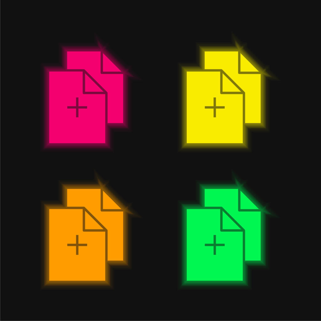 Documenten toevoegen vier kleuren gloeiende neon vector pictogram - Vector, afbeelding