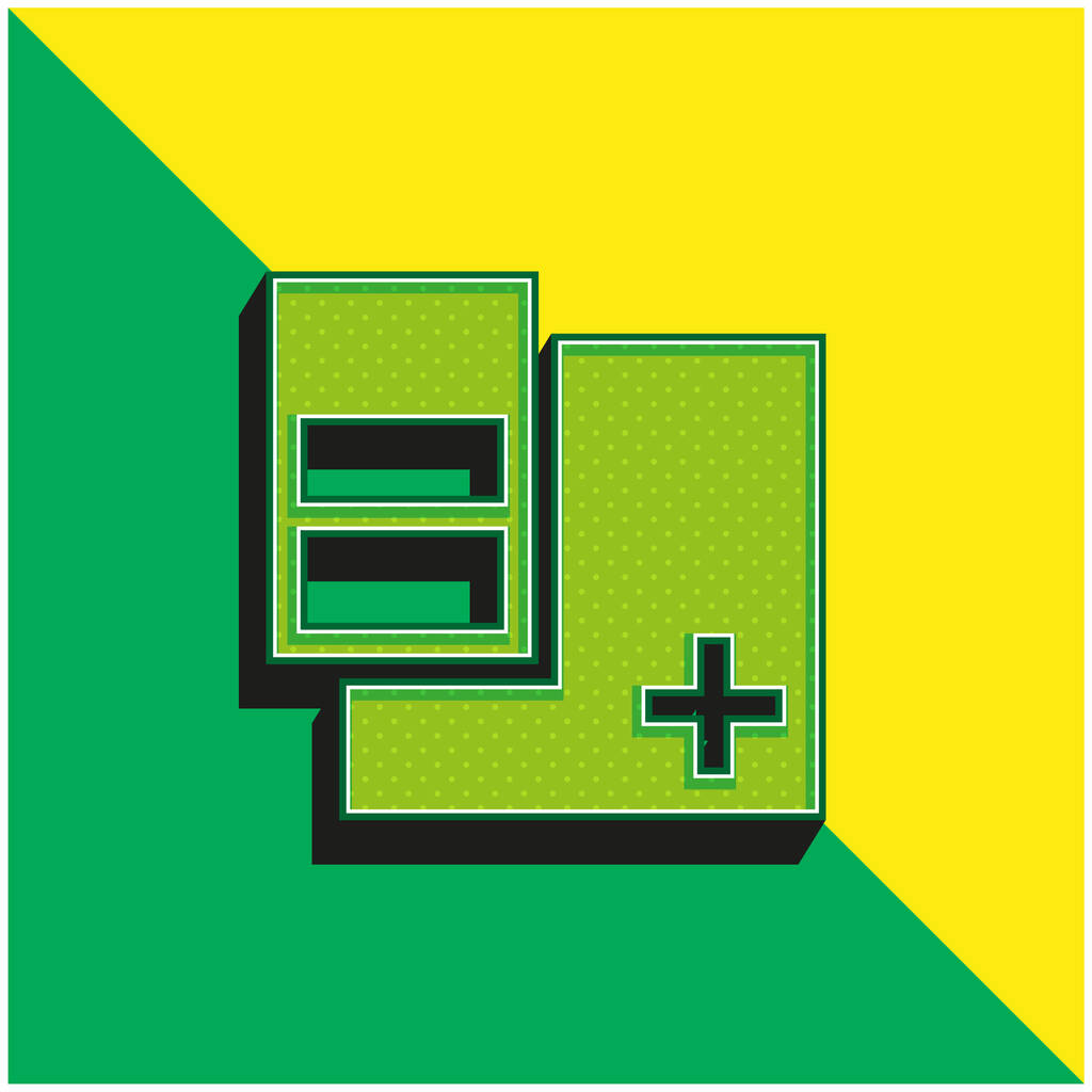 Vierkante knop toevoegen met drie verticale rechthoeken Groen en geel moderne 3D vector pictogram logo - Vector, afbeelding