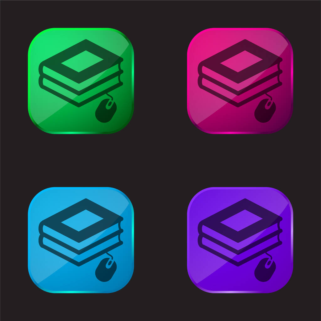 Livres avec souris icône bouton en verre quatre couleurs - Vecteur, image