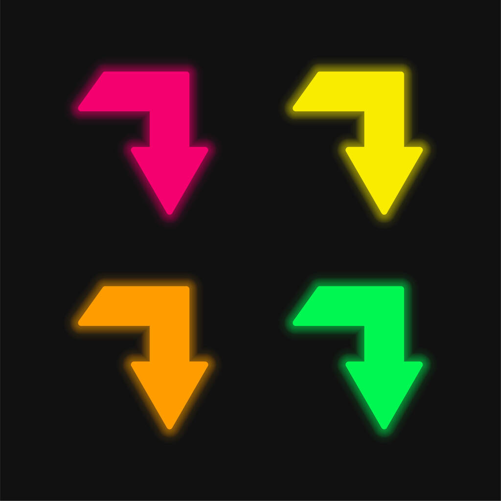 Стрілка вниз Зламаний заповнений кут чотири кольори, що світяться неоном Векторна піктограма
 - Вектор, зображення
