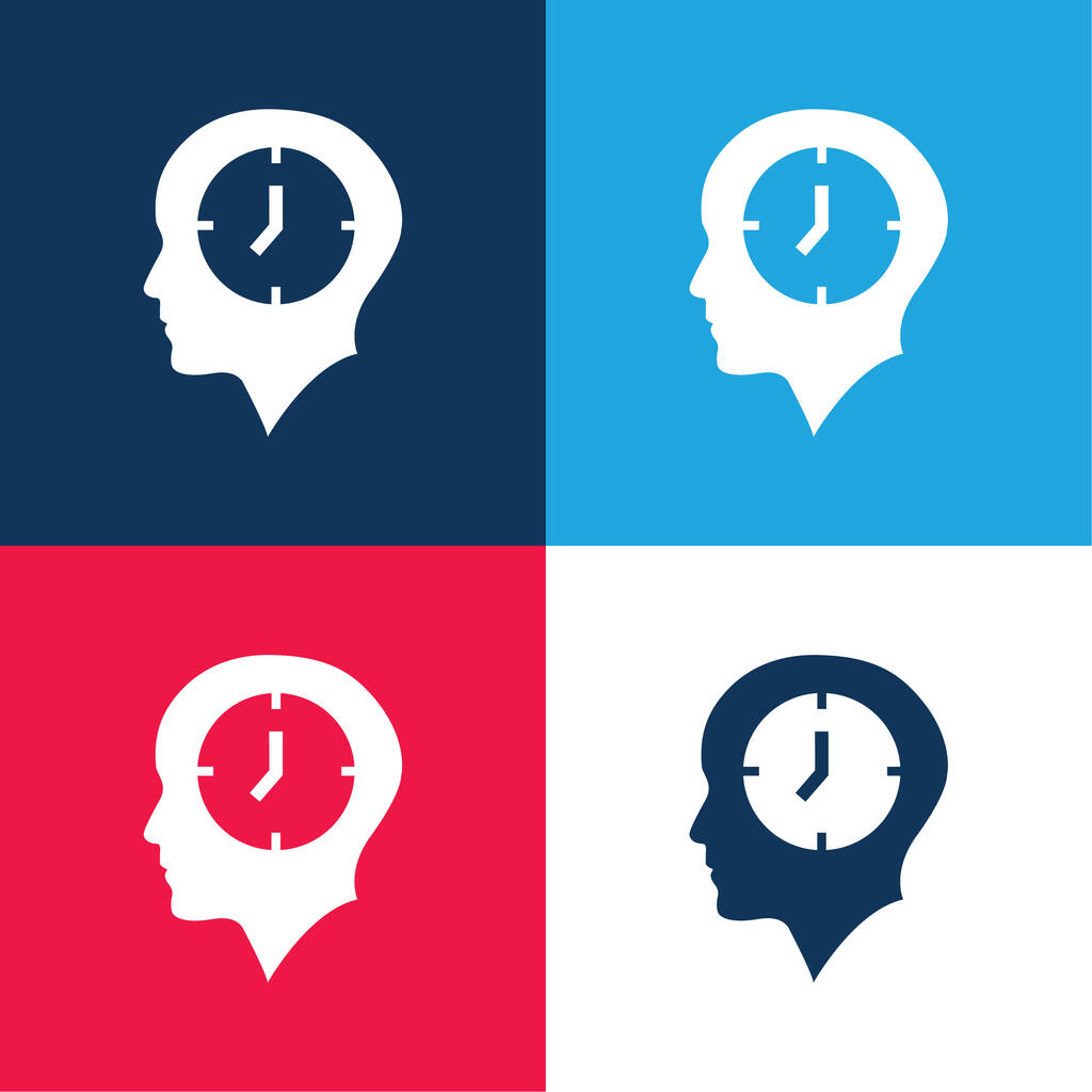 Καραφλό κεφάλι με ένα ρολόι μπλε και κόκκινο τεσσάρων χρωμάτων ελάχιστο σύνολο εικονιδίων - Διάνυσμα, εικόνα