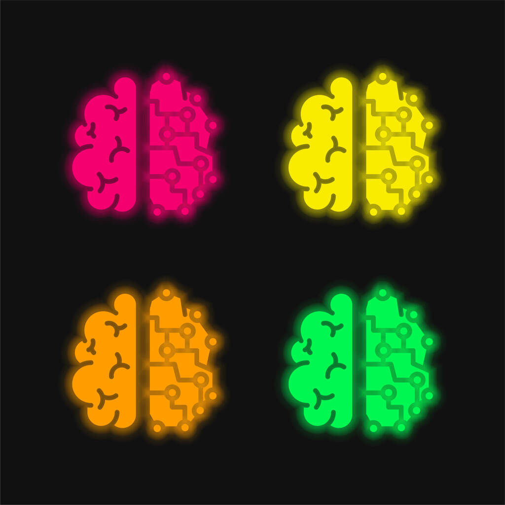 Cerebro de cuatro colores brillante icono del vector de neón - Vector, Imagen