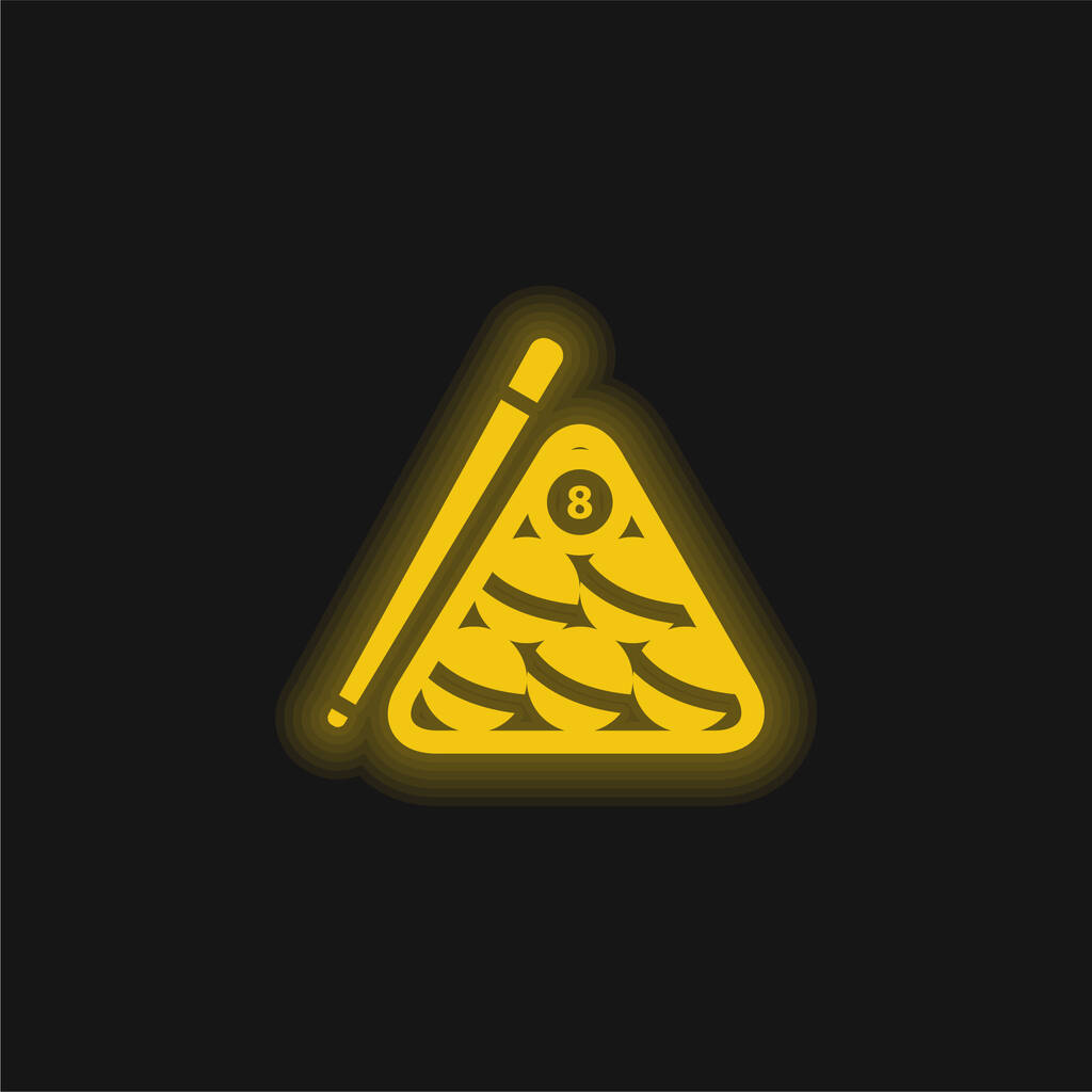 Palle da biliardo ambientato all'interno del triangolo e il bastone su un lato giallo incandescente icona al neon - Vettoriali, immagini