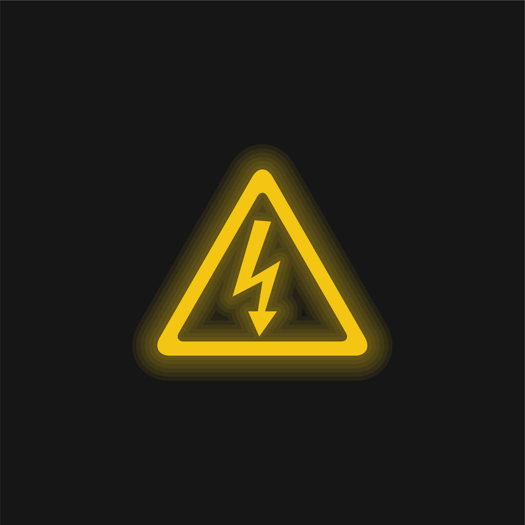 Nuoli pultti signaali sähköiskun riski kolmion muotoinen keltainen hehkuva neon kuvake - Vektori, kuva