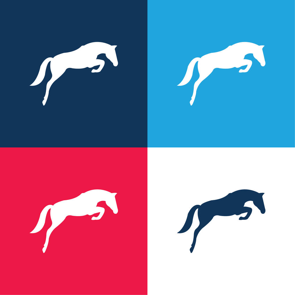Fekete ugrás ló arccal néz a földre kék és piros négy szín minimális ikon készlet - Vektor, kép