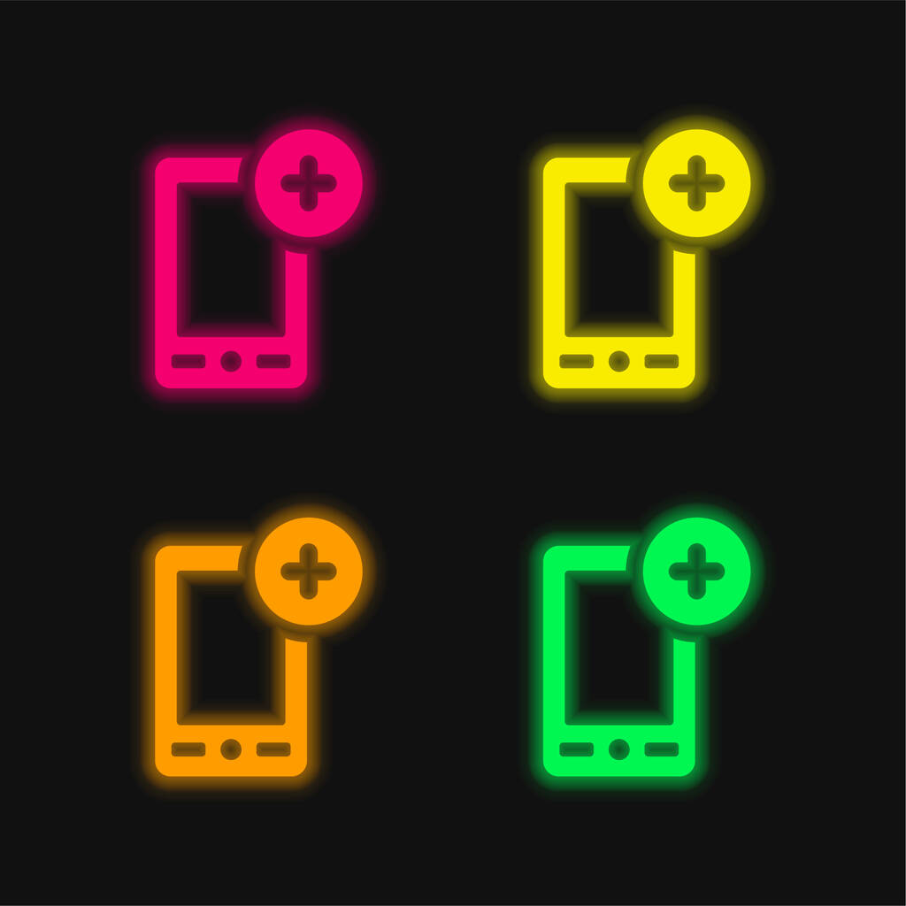 Telefoon toevoegen vier kleuren gloeiende neon vector pictogram - Vector, afbeelding