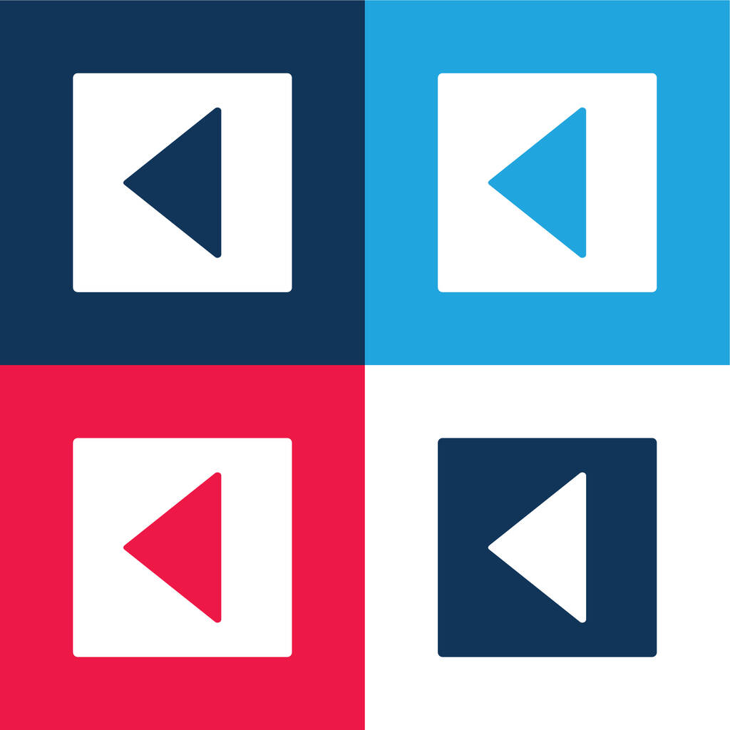 Vissza Háromszög alakú bal nyíl a téren töltött gomb kék és piros négy szín minimális ikon készlet - Vektor, kép