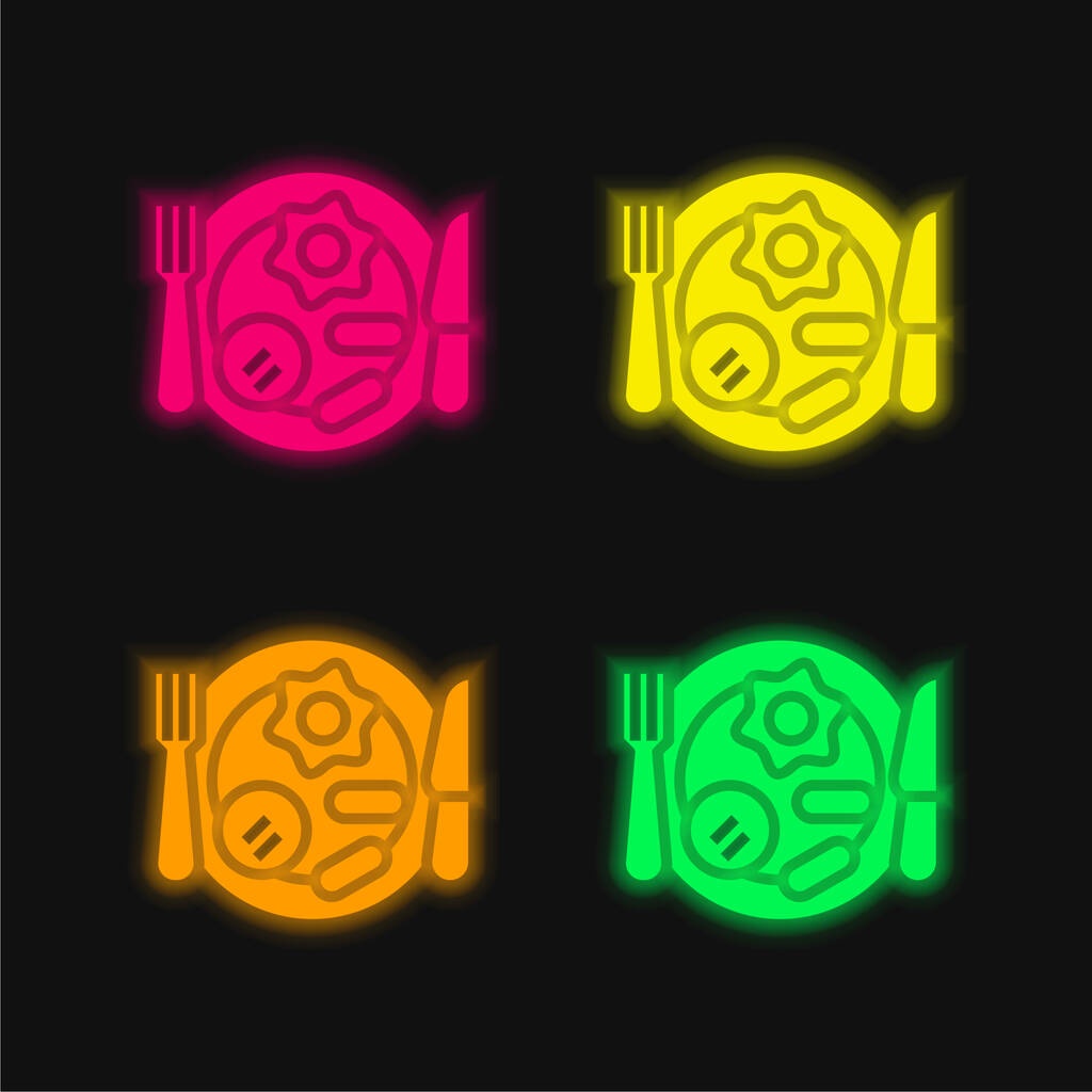 Petit déjeuner quatre couleurs rougeoyantes icône vectorielle néon - Vecteur, image