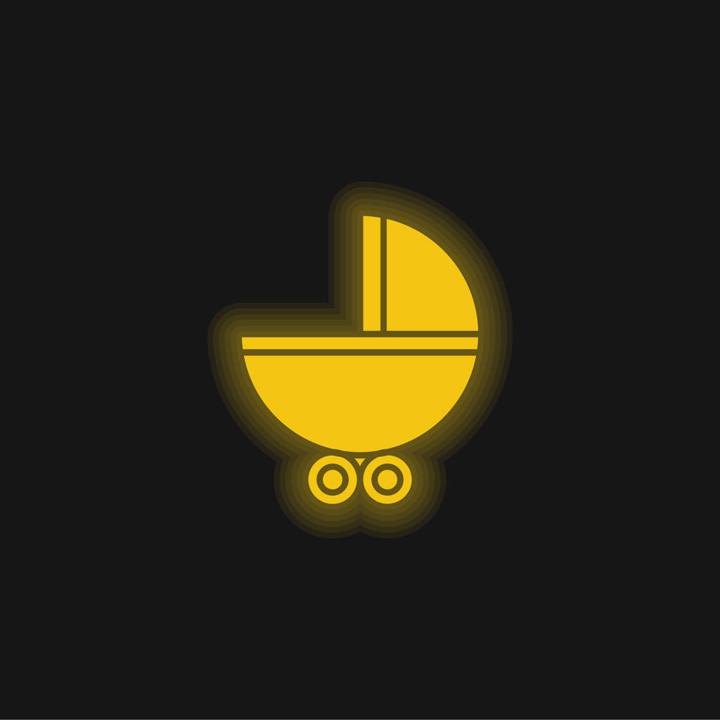 Transporte de bebé con ruedas amarillo brillante icono de neón - Vector, imagen