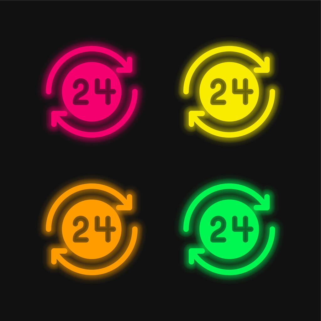 24 Horas de cuatro colores brillante icono de vectores de neón - Vector, imagen