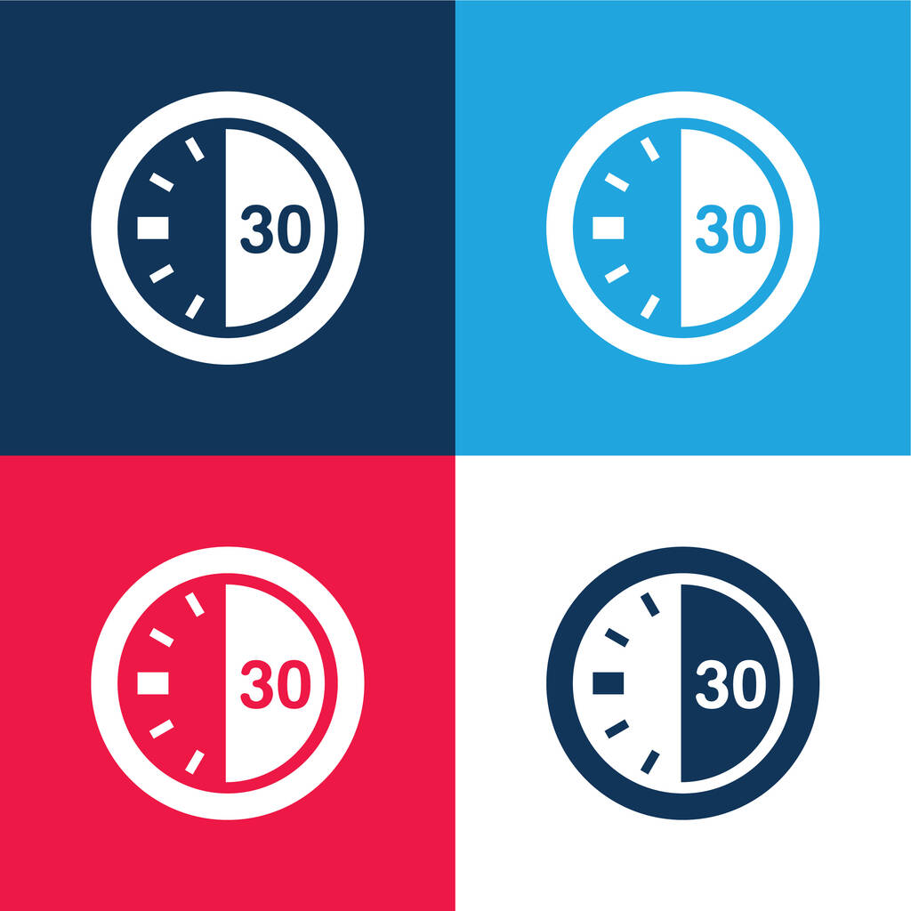 30 segundos en un temporizador azul y rojo conjunto de iconos mínimo de cuatro colores - Vector, imagen