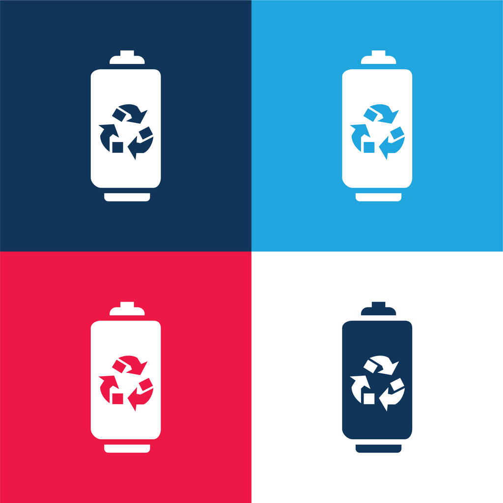 Baterie s symbolem Recycle modré a červené čtyři barvy minimální ikona nastavena - Vektor, obrázek
