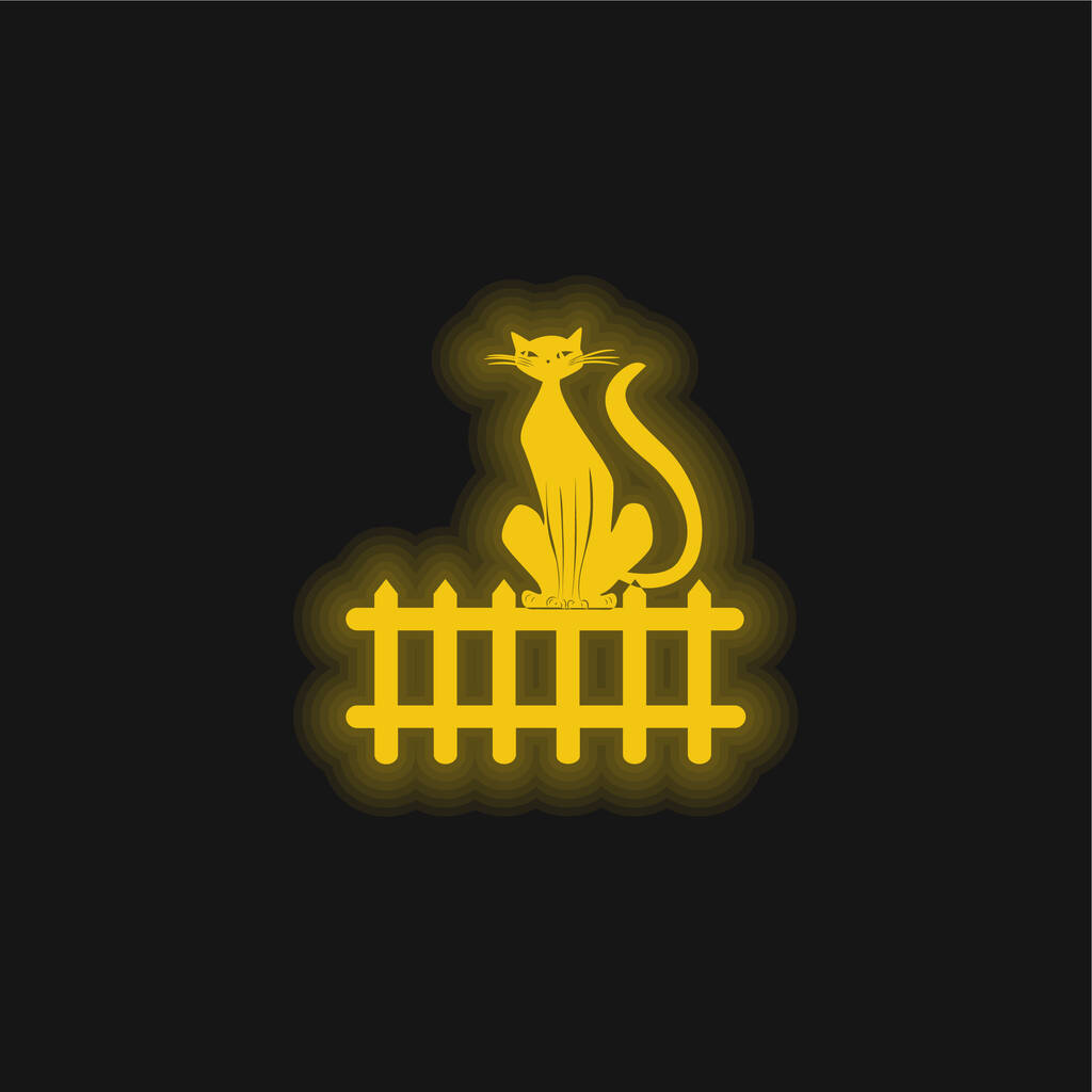Schwarze Katze am Zaun gelbes leuchtendes Neon-Symbol - Vektor, Bild