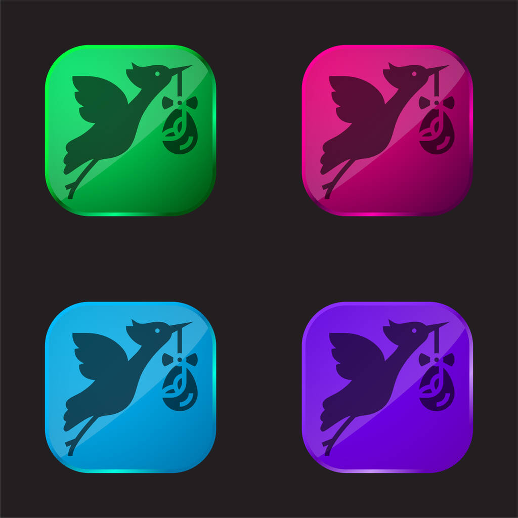 Bird Stork čtyři barvy skleněné tlačítko ikona - Vektor, obrázek