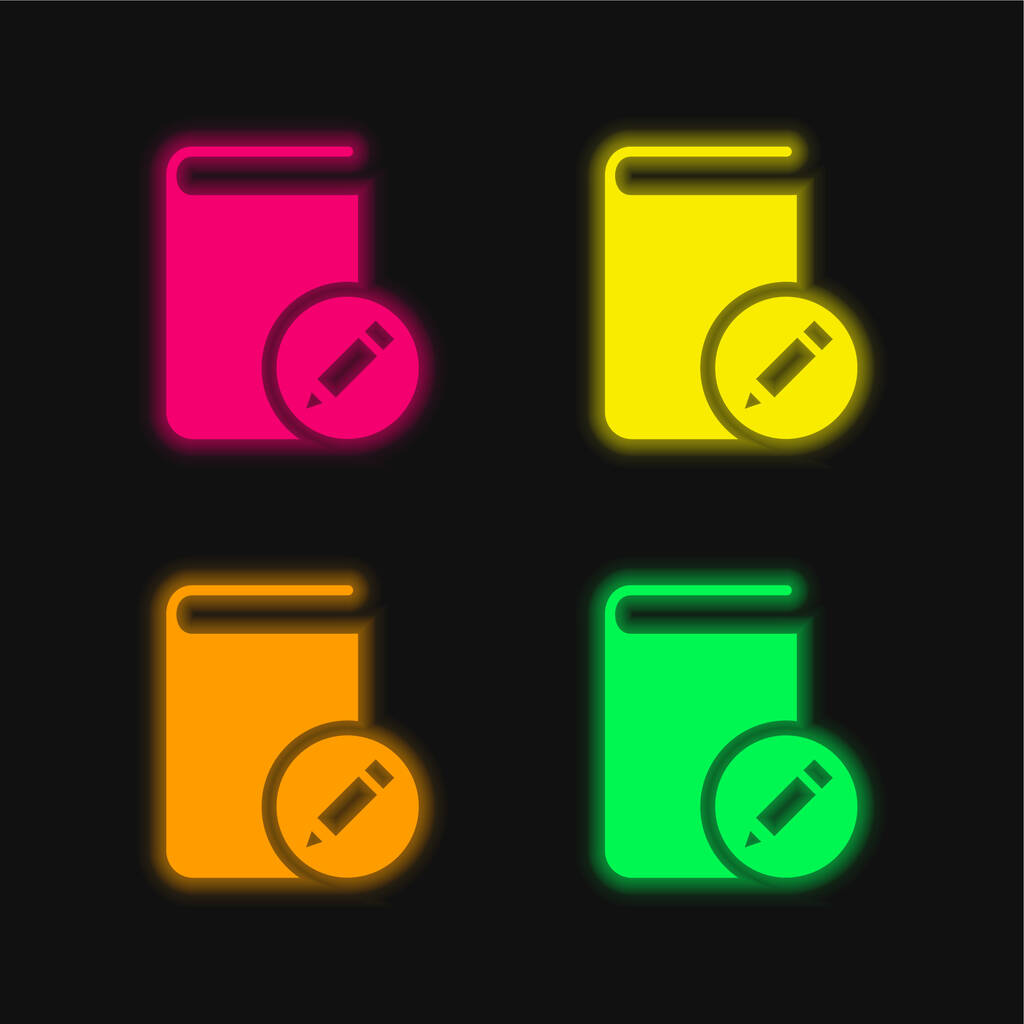 ペンシルサイン付きの本4色の輝くネオンベクトルアイコン - ベクター画像