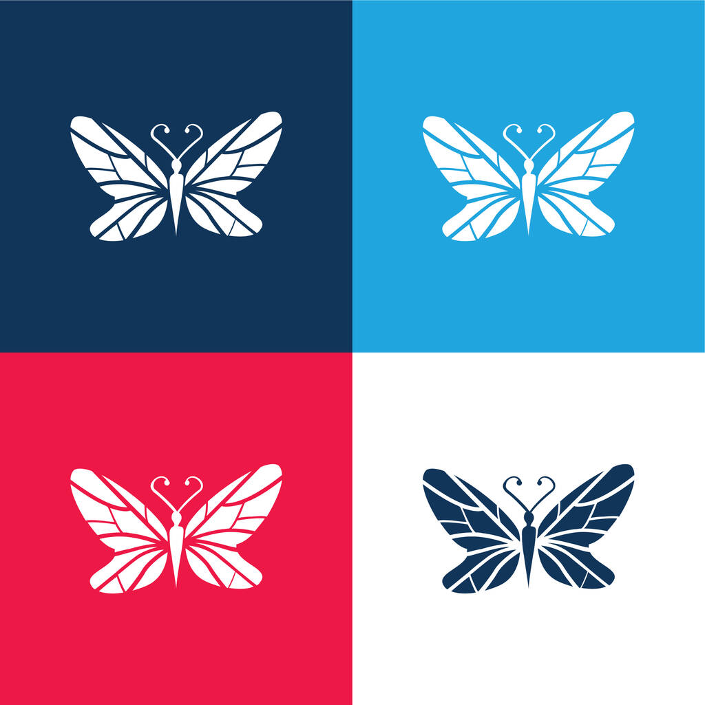 Negro mariposa vista superior con líneas alas diseño azul y rojo de cuatro colores mínimo icono conjunto - Vector, Imagen