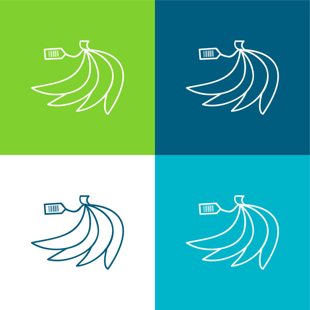 Bananes avec code-barres sur l'étiquette Ensemble minimal d'icônes plat quatre couleurs - Vecteur, image