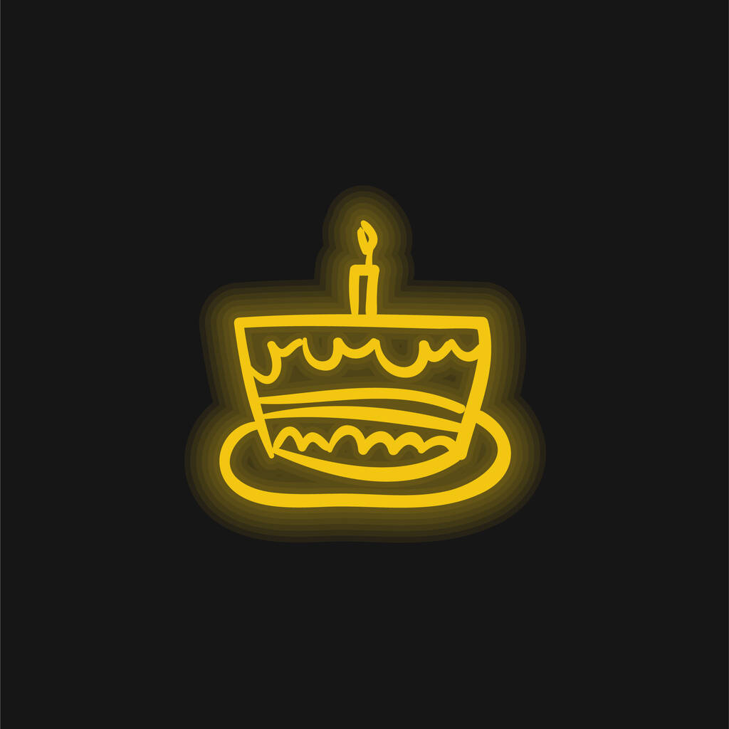 Celebrazione disegnata a mano della torta di compleanno Cibo giallo icona al neon incandescente - Vettoriali, immagini