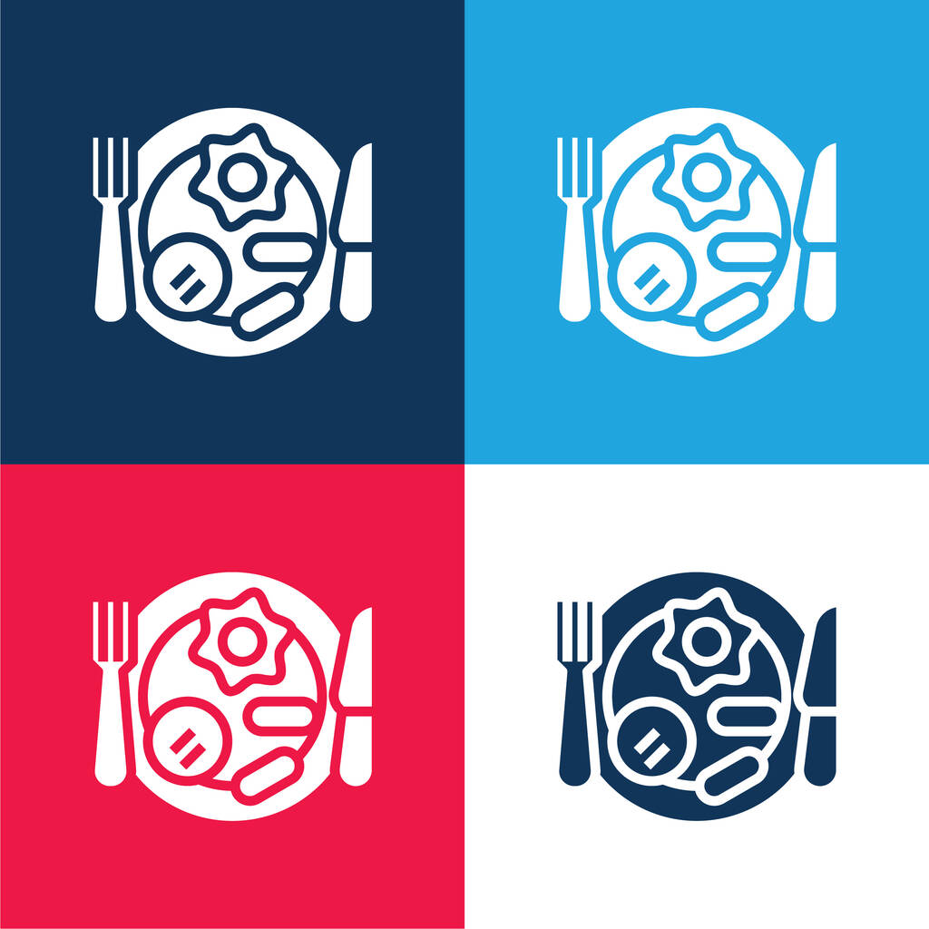Desayuno azul y rojo de cuatro colores mínimo icono conjunto - Vector, imagen