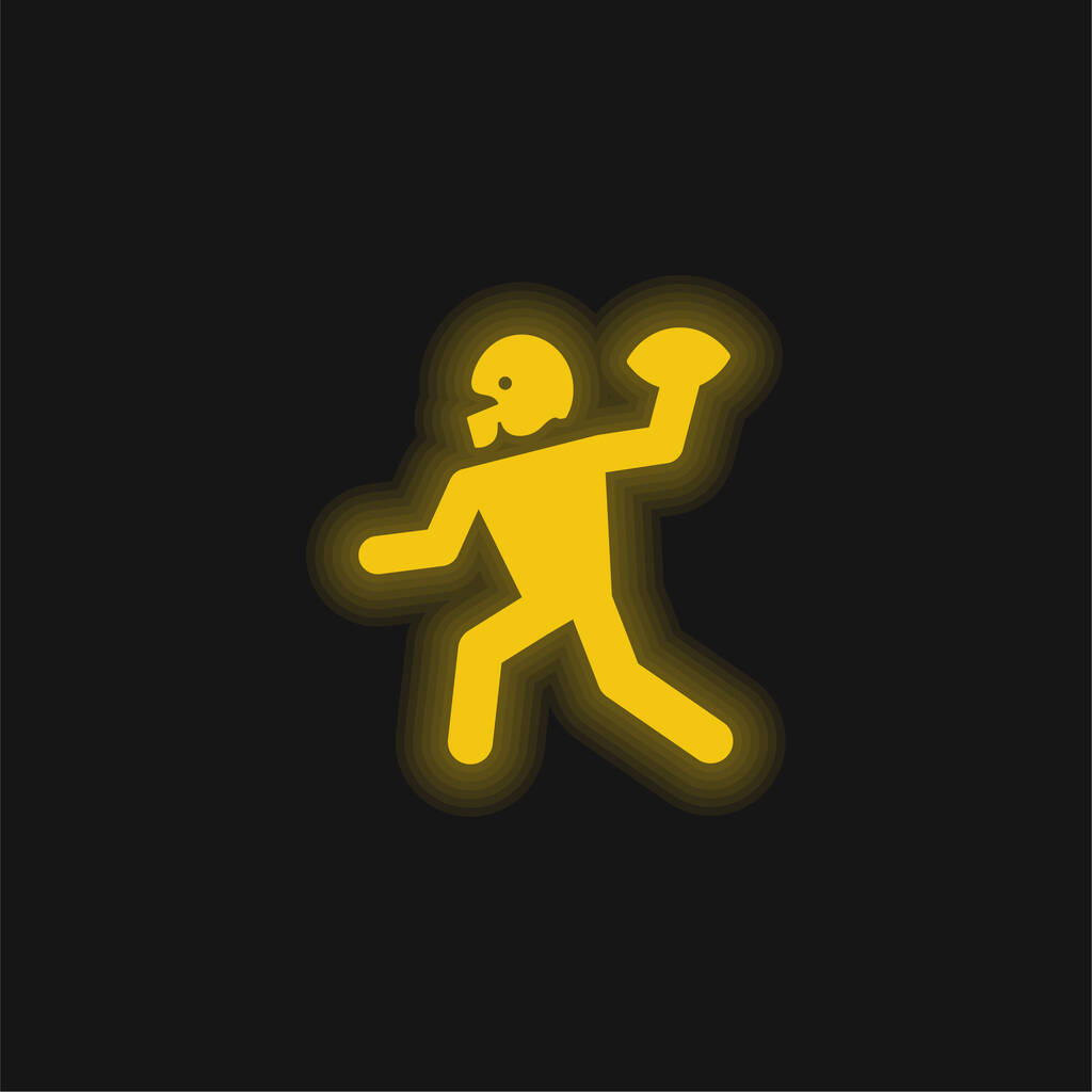 Jogador de futebol americano jogando jogando a bola em sua mão amarelo brilhante ícone de néon - Vetor, Imagem