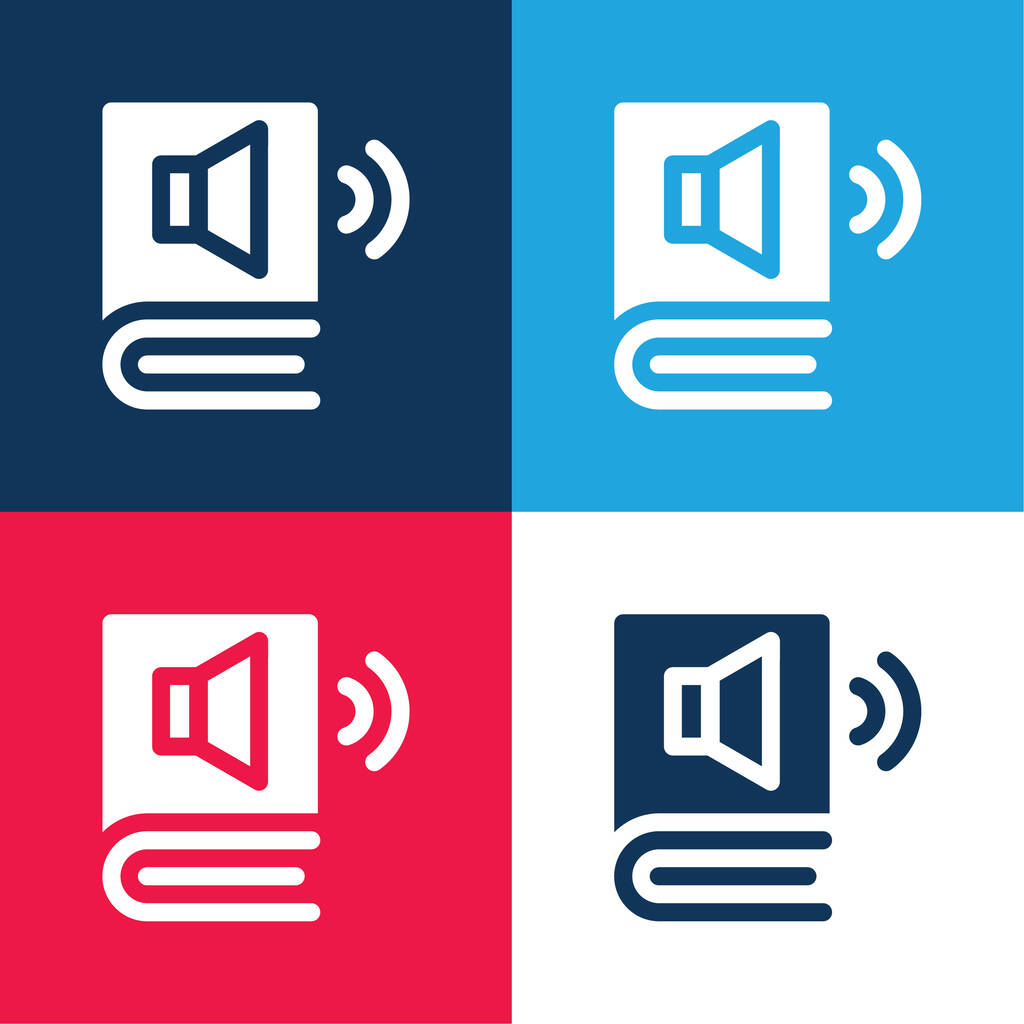 Audio Book kék és piros négy szín minimális ikon készlet - Vektor, kép