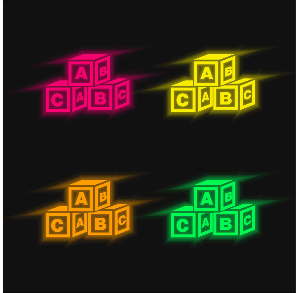 ABC kockák négy színű izzó neon vektor ikon - Vektor, kép