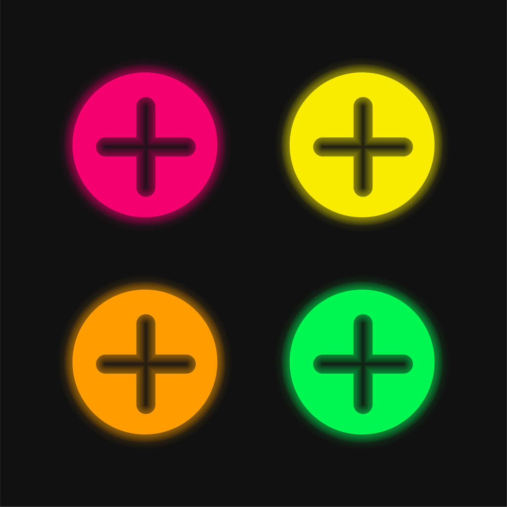Ajoutez le bouton avec le symbole plus dans une icône vectorielle lumineuse de néon de quatre couleurs de cercle noir - Vecteur, image