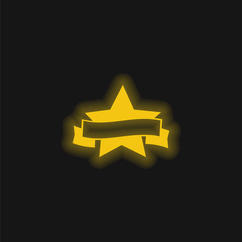Símbolo do prêmio da estrela de cinco pontas com um ícone de néon brilhante amarelo de fita de bandeira - Vetor, Imagem