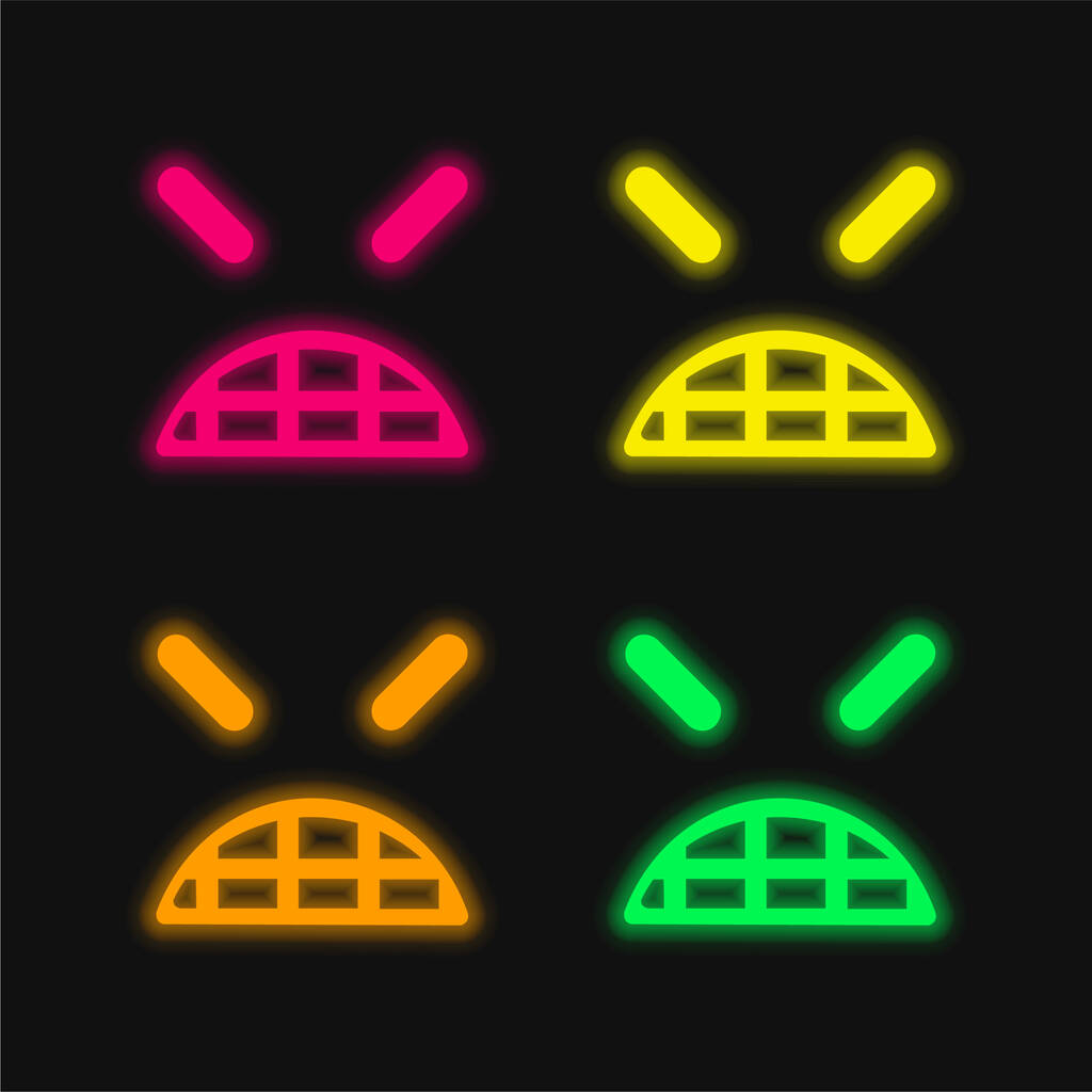 Angry Emoticon Square Face With Closed Eyes four color glowing neon vector icon - Vector, Image
