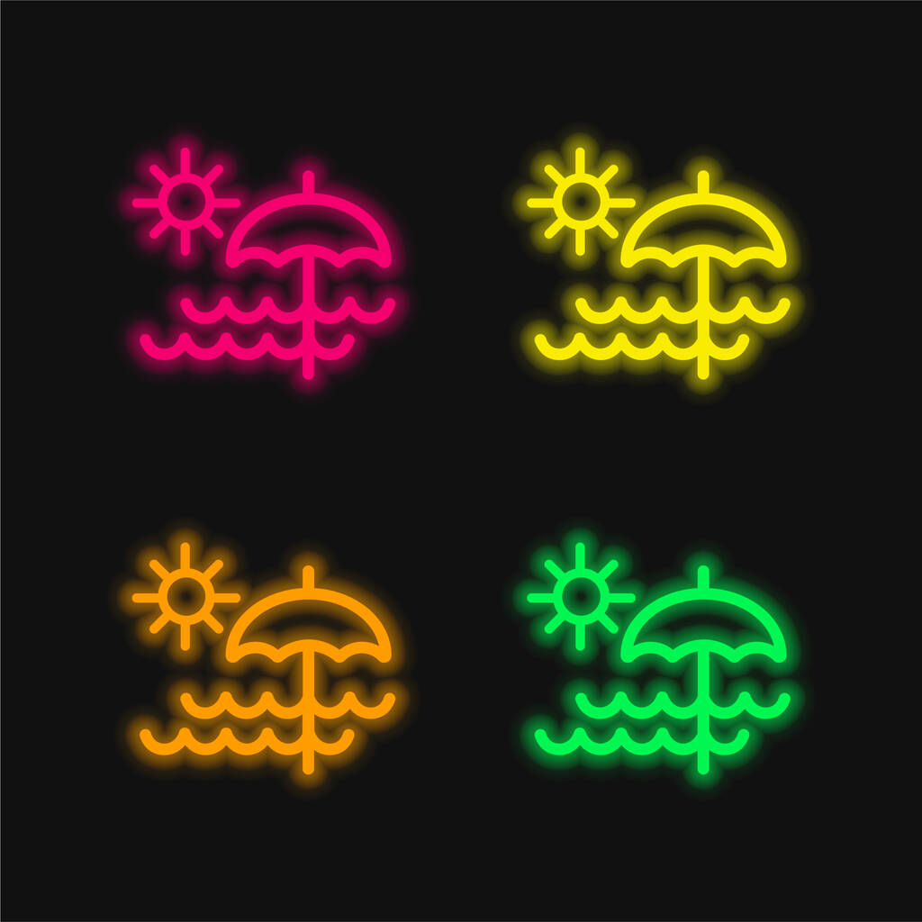 ビーチデー4色の輝くネオンベクトルアイコン - ベクター画像