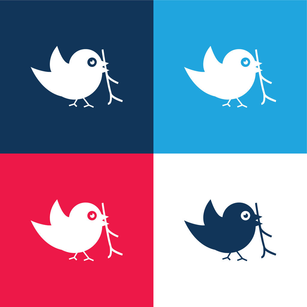 Vogel met Sprig In zijn Beak blauw en rood vier kleuren minimale pictogram set - Vector, afbeelding