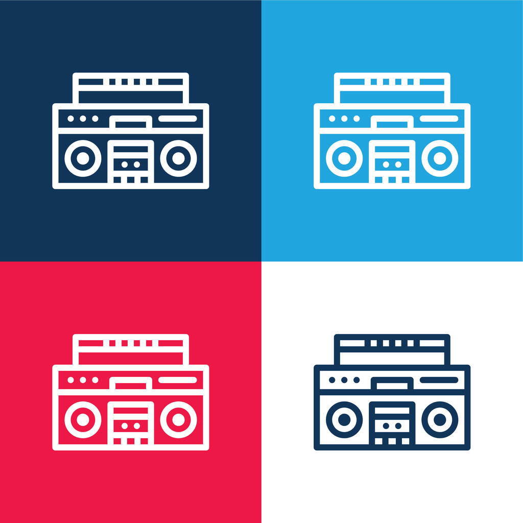 Boombox niebieski i czerwony zestaw czterech kolorów minimalny zestaw ikon - Wektor, obraz